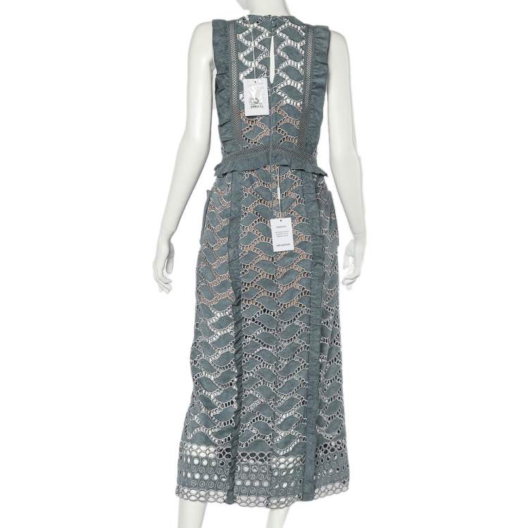 Pre Owned Self-Portrait Blue Faux Suede Cutwork Detail Sleeveless Midi Dress M