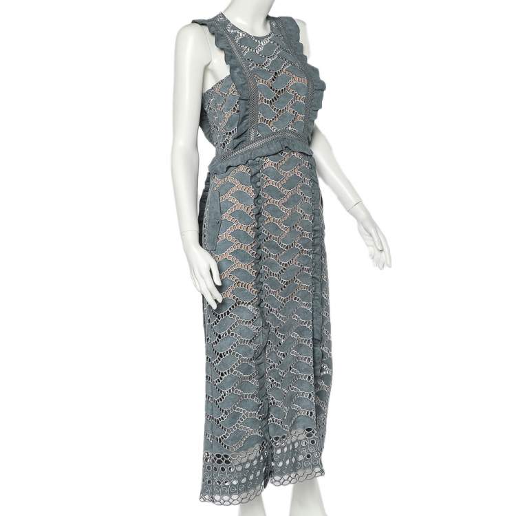 Pre Owned Self-Portrait Blue Faux Suede Cutwork Detail Sleeveless Midi Dress M