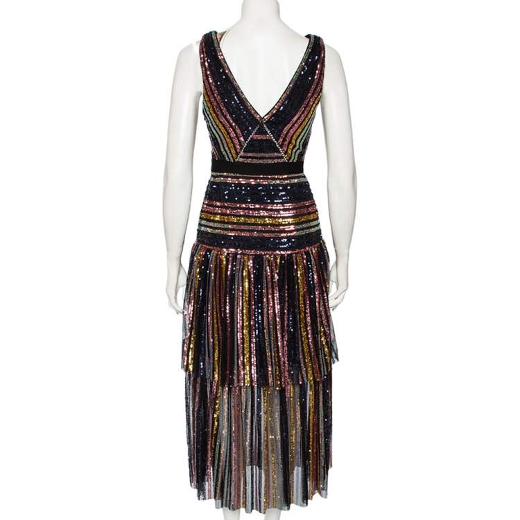 Pre Owned Self-Portrait Multicolor Stripe Sequin Embellished Tulle Sleeveless Midi Dress S