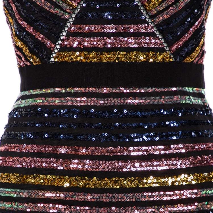 Pre Owned Self-Portrait Multicolor Stripe Sequin Embellished Tulle Sleeveless Midi Dress S