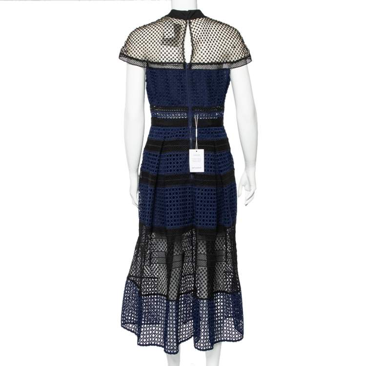 Pre Owned Self-Portrait Navy Blue & Black Guipure Lace Paneled Midi Dress L