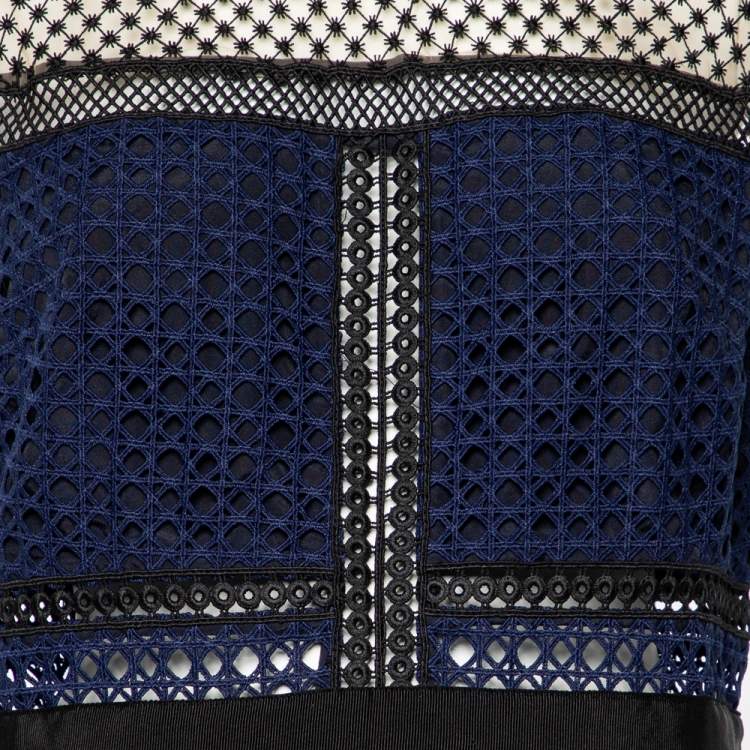 Pre Owned Self-Portrait Navy Blue & Black Guipure Lace Paneled Midi Dress L