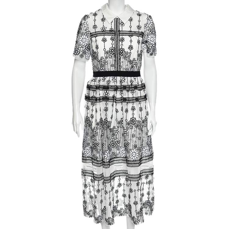 مملوكة مسبقًا Self-Portrait White Daisy Sequined Mesh Midi Dress M
