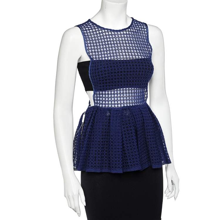 Pre Owned Self-Portrait Navy Blue Guipure Lace Sculpted Peplum Top S