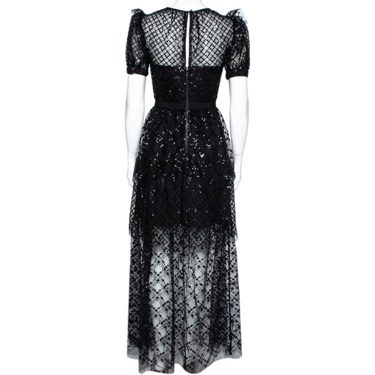 مملوكة مسبقًا Self-Portrait Black Sequin Embellished Tulle Tiered Gown S