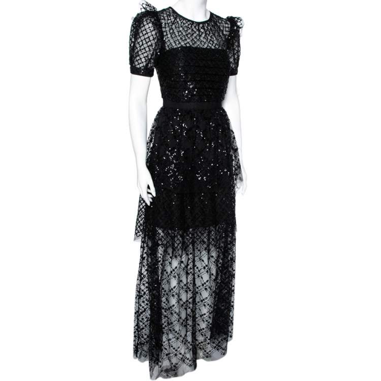 مملوكة مسبقًا Self-Portrait Black Sequin Embellished Tulle Tiered Gown S