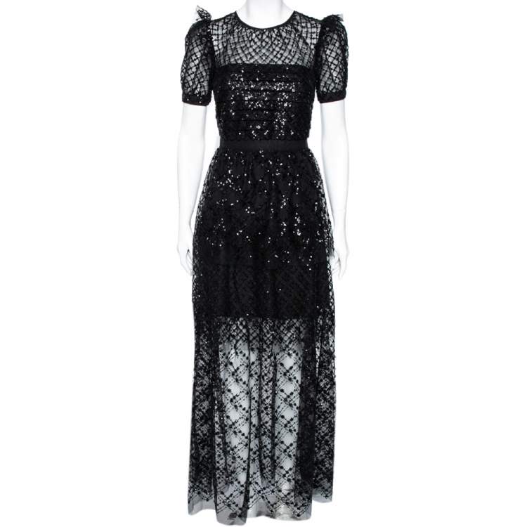مملوكة مسبقًا Self-Portrait Black Sequin Embellished Tulle Tiered Gown S