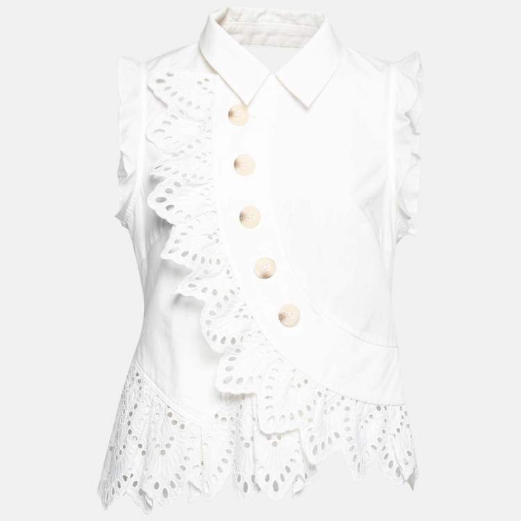 Pre Owned Self-Portrait White Eyelet Trimmed Cotton Button Front Top M