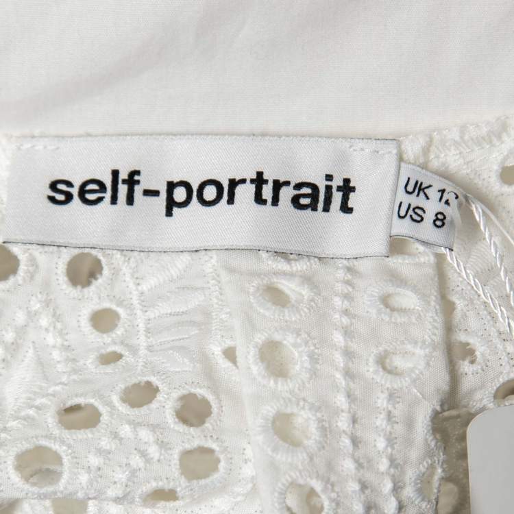 Pre Owned Self-Portrait White Eyelet Trimmed Cotton Button Front Top M
