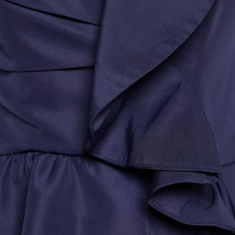 Pre Owned Self-Portrait Navy Blue Sateen Ruffled Asymmetric Midi Dress XS