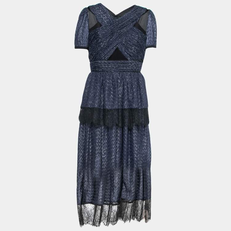 Pre Owned Self-Portrait Navy Blue Metallic Fil De Coupe Lace Trimmed Tiered Dress L