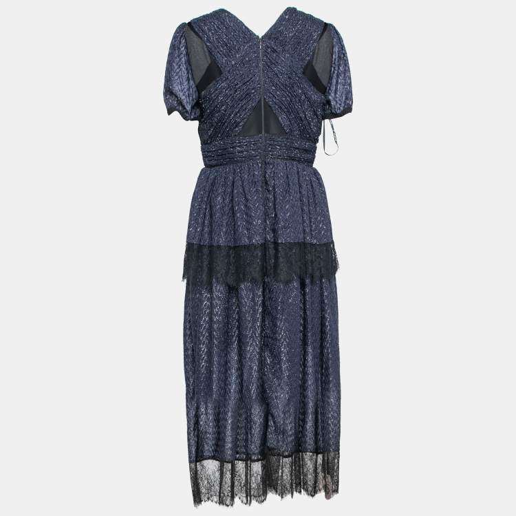 Pre Owned Self-Portrait Navy Blue Metallic Fil De Coupe Lace Trimmed Tiered Dress L
