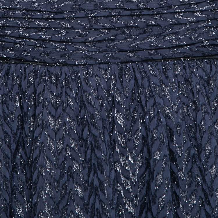 Pre Owned Self-Portrait Navy Blue Metallic Fil De Coupe Lace Trimmed Tiered Dress L