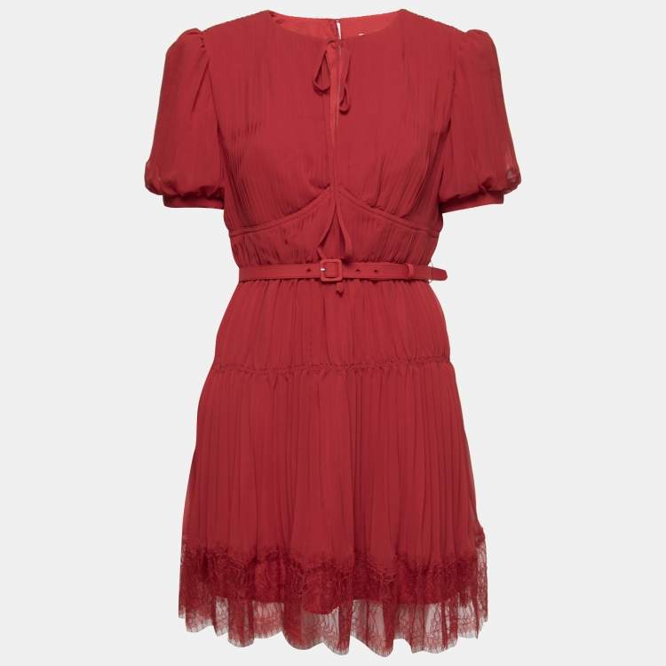 Pre Owned Self-Portrait Red Chiffon Pleated Belted Mini Dress M