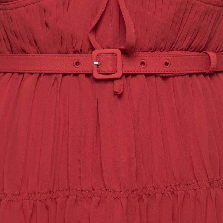 Pre Owned Self-Portrait Red Chiffon Pleated Belted Mini Dress M