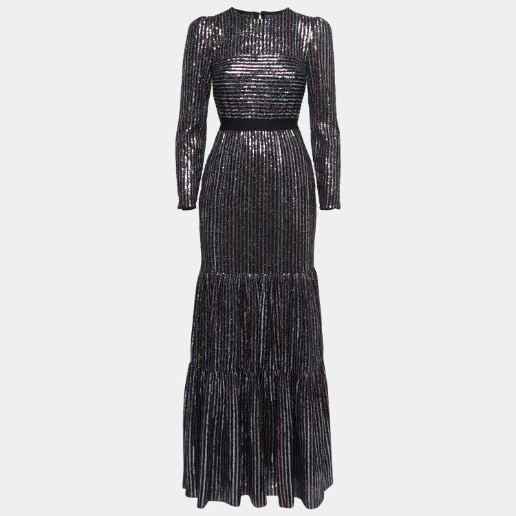 Pre Owned Self-Portrait Black Sequined Tiered Maxi Dress S