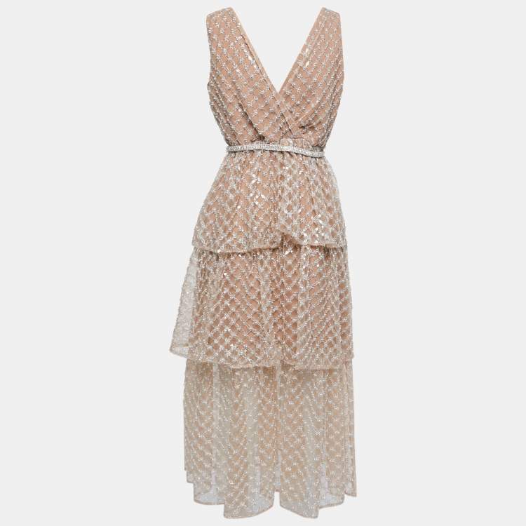 Pre Owned Self-Portrait Tan Sequin Tiered Sleeveless Midi Dress M