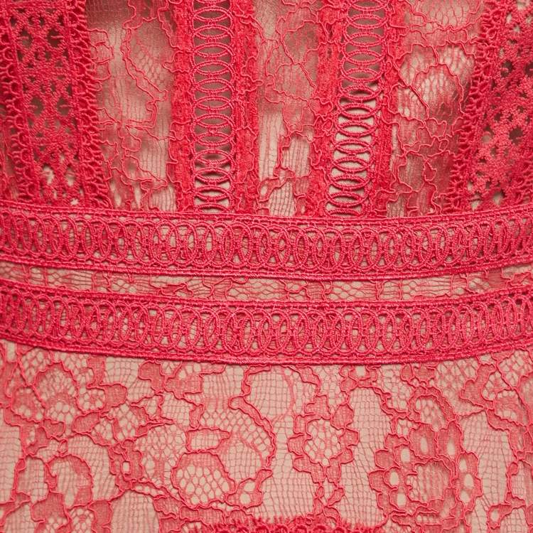 Pre Owned Self-Portrait Hot Pink Lace Panel Midi Dress S