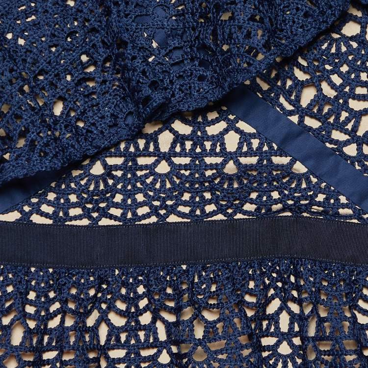 مملوكة مسبقًا Self-Portrait Navy Blue Crochet Frill One Shoulder Midi Dress M