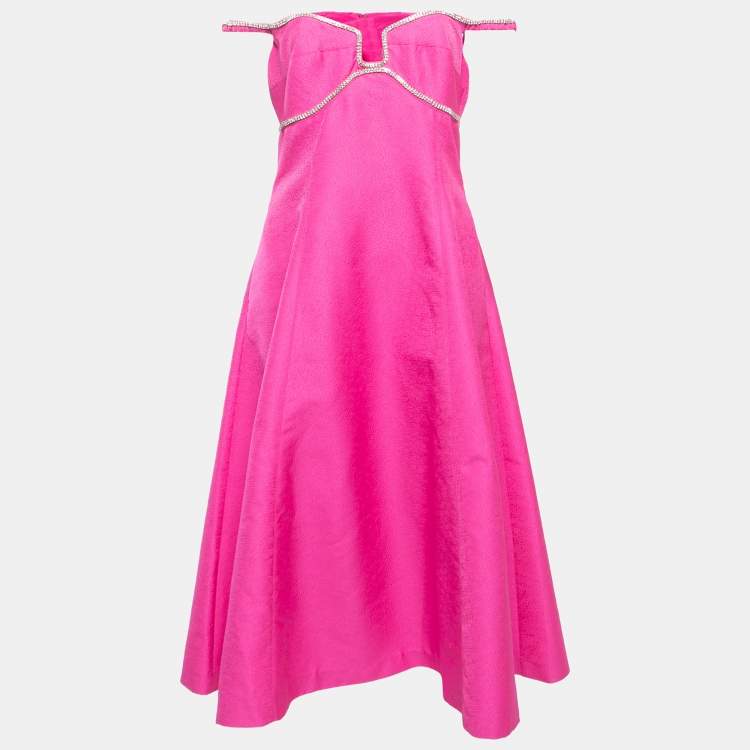 Pre Owned Self-Portrait Pink Jacquard Rhinestone-Embellished Midi Dress L