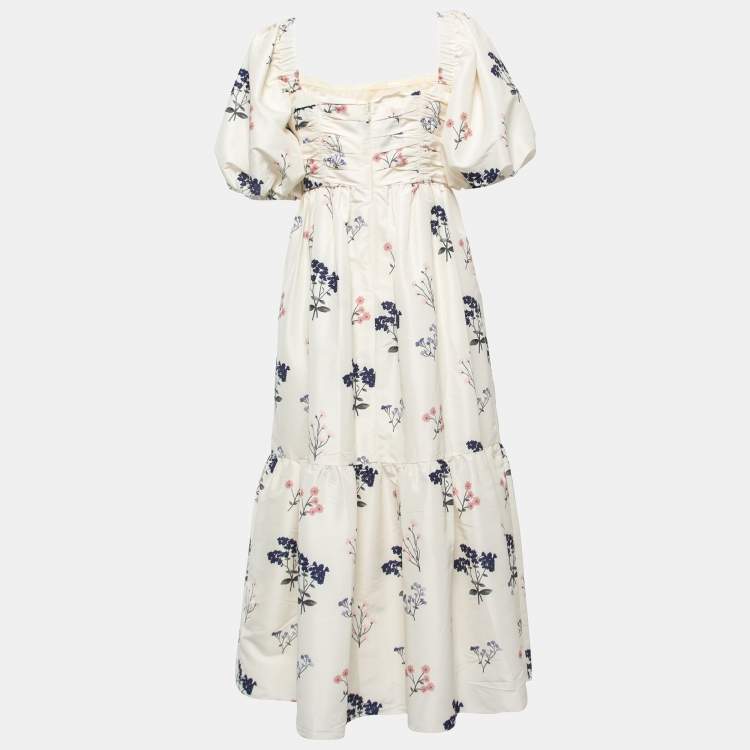 Pre Owned Self-Portrait White Ivory Floral Printed Taffeta Midi Dress L