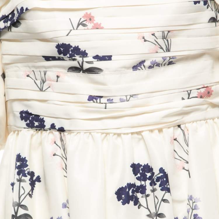 Pre Owned Self-Portrait White Ivory Floral Printed Taffeta Midi Dress L