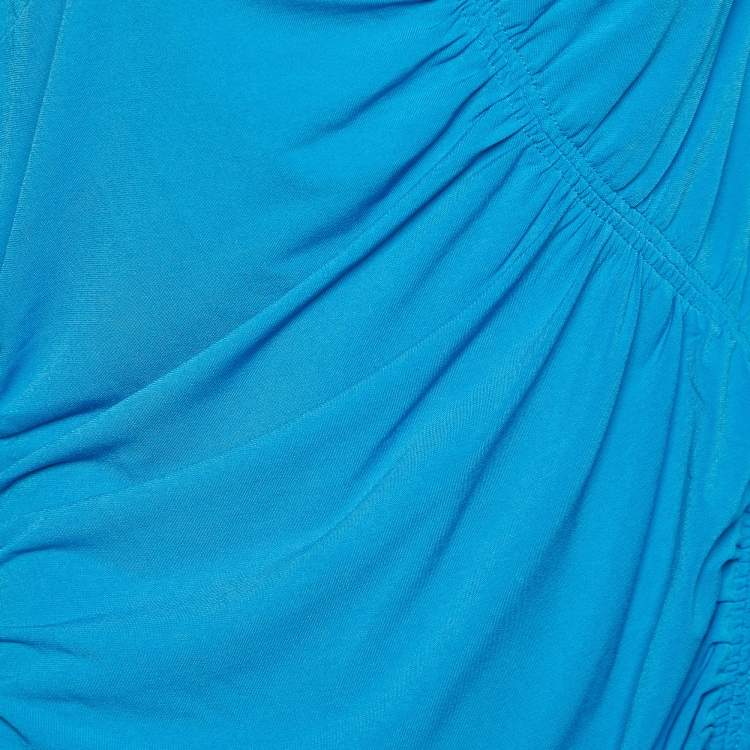 Pre Owned Self-Portrait Blue Jersey & Tulle Sleeve Ruched One Shoulder Mini Dress L