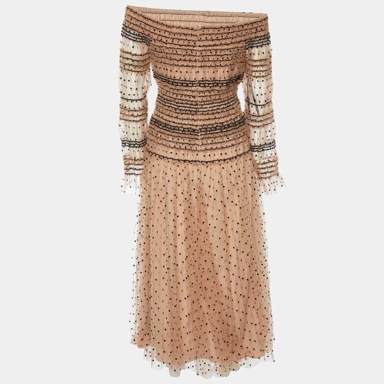 Pre Owned Self-Portrait Beige Polka Dot Tulle Ruched Off Shoulder Midi Dress L