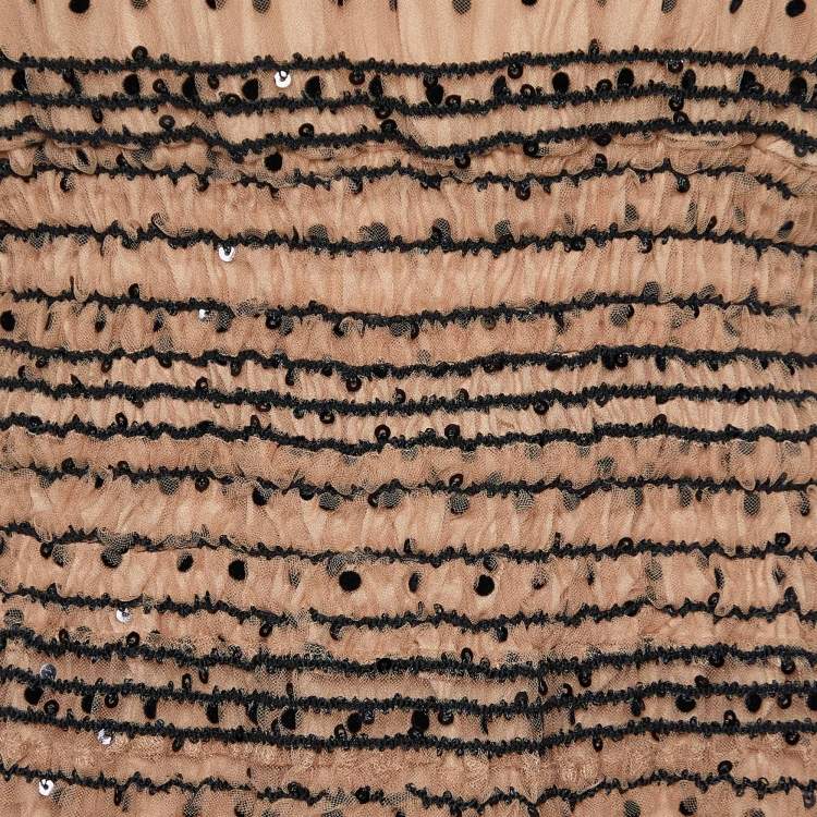 Pre Owned Self-Portrait Beige Polka Dot Tulle Ruched Off Shoulder Midi Dress L