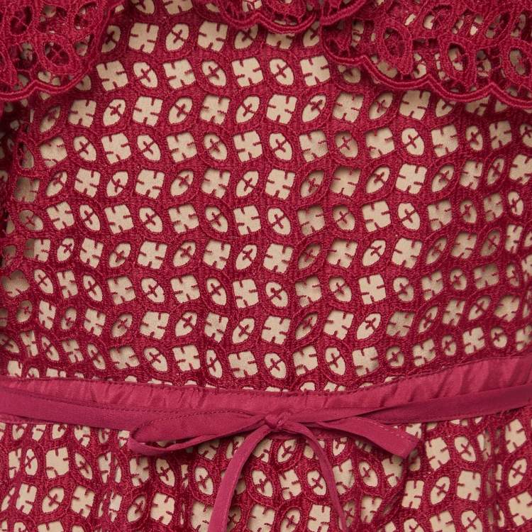 Pre Owned Self Portrait Burgundy Lace Off Shoulder Maxi Dress M