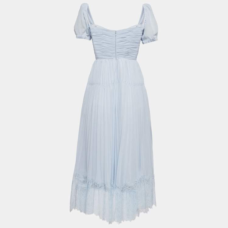 Pre Owned Self-Portrait Light Blue Pleated Chiffon Cut-Out Midi Dress XS