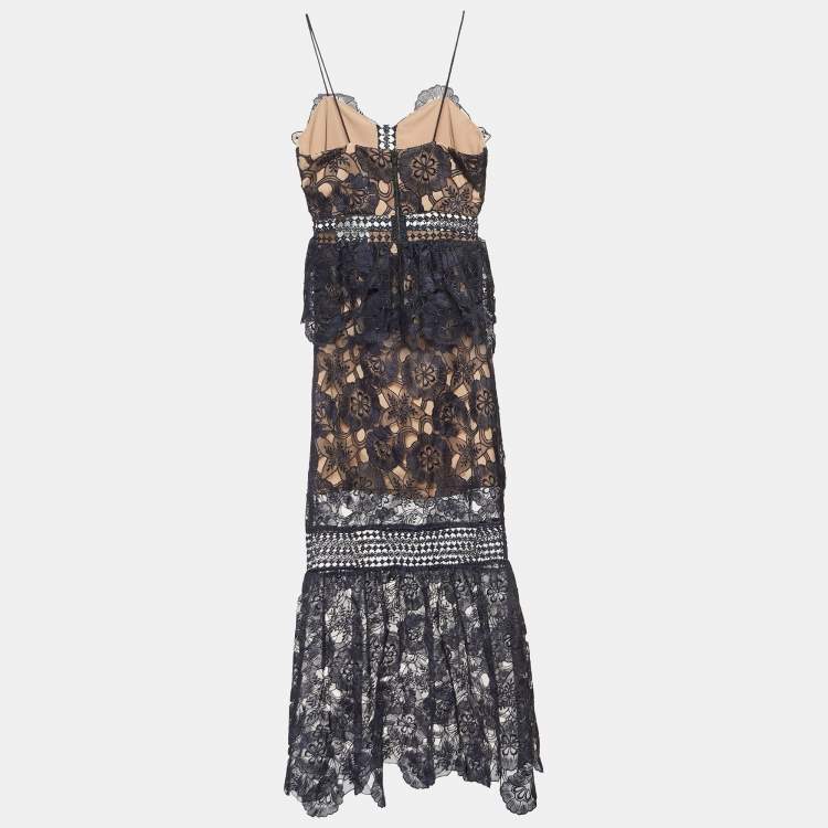 Pre Owned Self-Portrait Blue Floral Lace Amaryllis Column Dress S