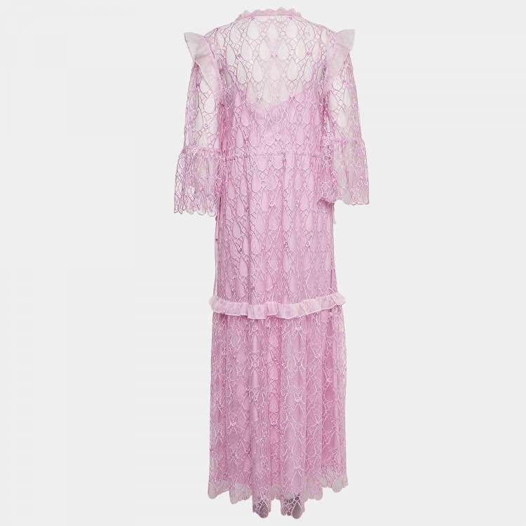 Pre Owned Self-Portrait Purple Lace V Neck Maxi Dress M