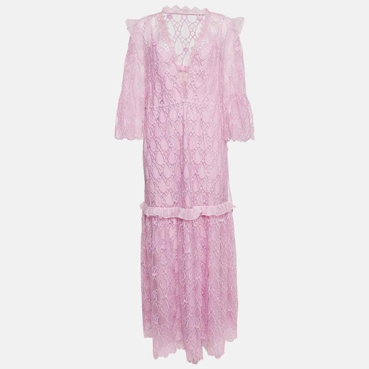 Pre Owned Self-Portrait Purple Lace V Neck Maxi Dress M