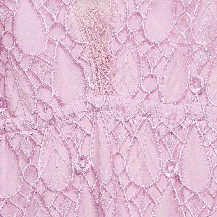 Pre Owned Self-Portrait Purple Lace V Neck Maxi Dress M