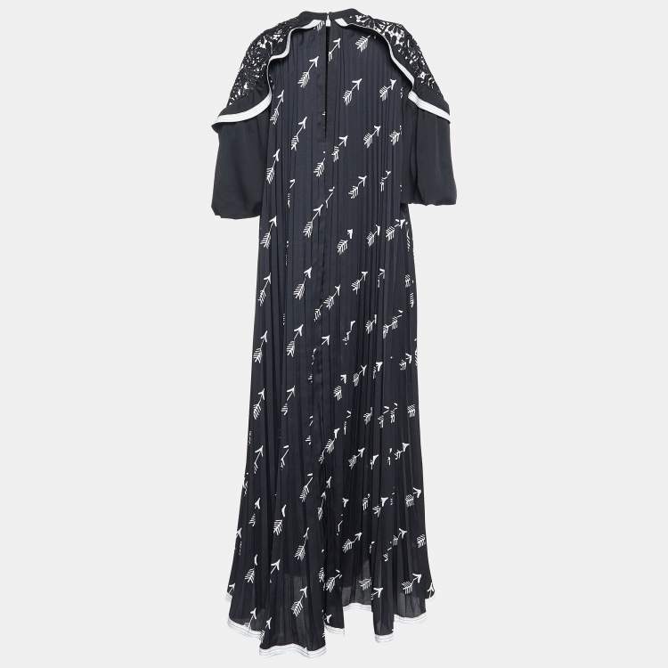 Pre Owned Self-Portrait Black Arrow Print Crepe Pleated Lace Trimmed Long Dress S
