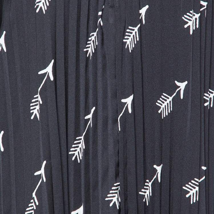 Pre Owned Self-Portrait Black Arrow Print Crepe Pleated Lace Trimmed Long Dress S
