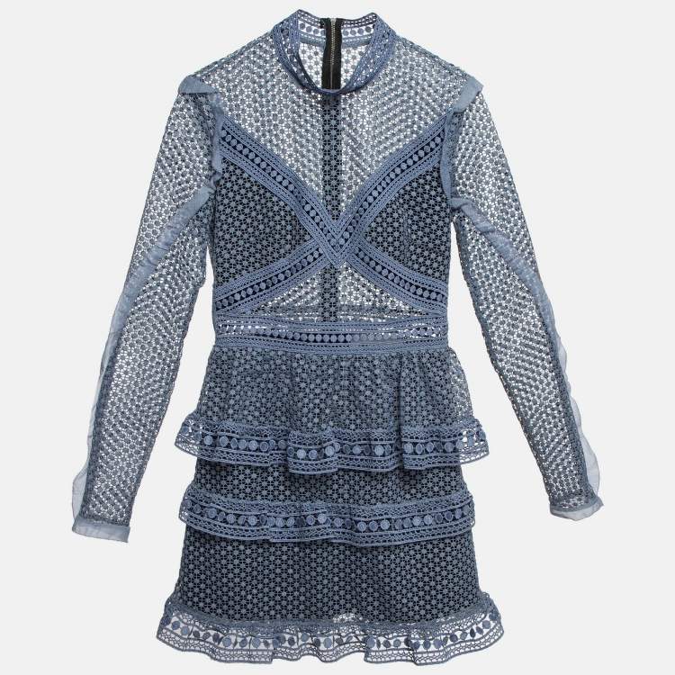 Pre Owned Self-Portrait Grey Lace Tiered Mini Dress S