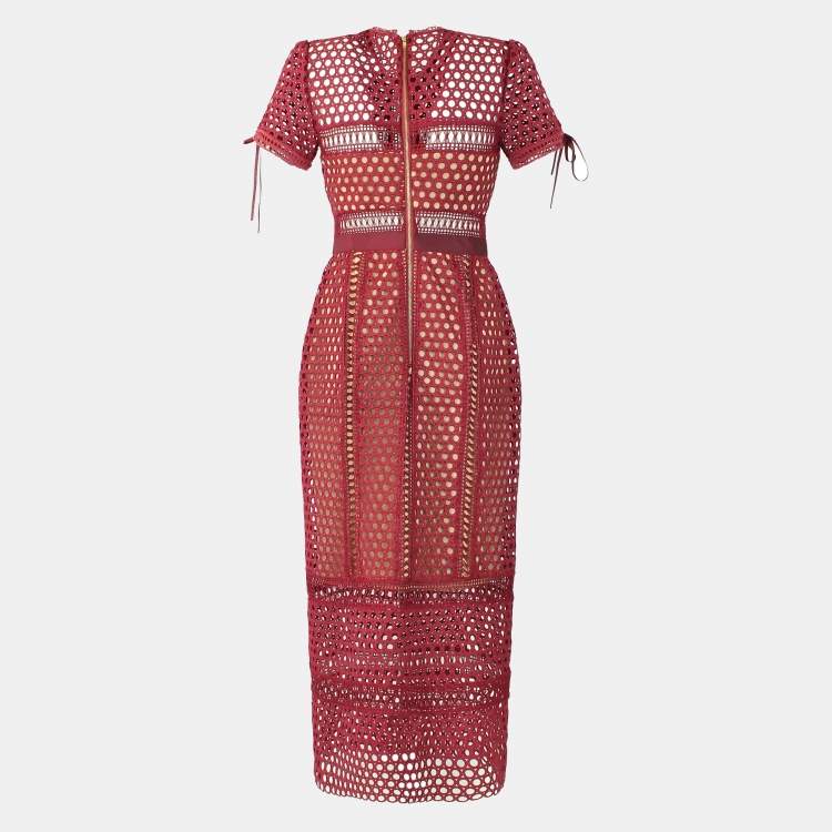 Pre Owned Self-Portrait Burgundy Lace Column Midi Dress L