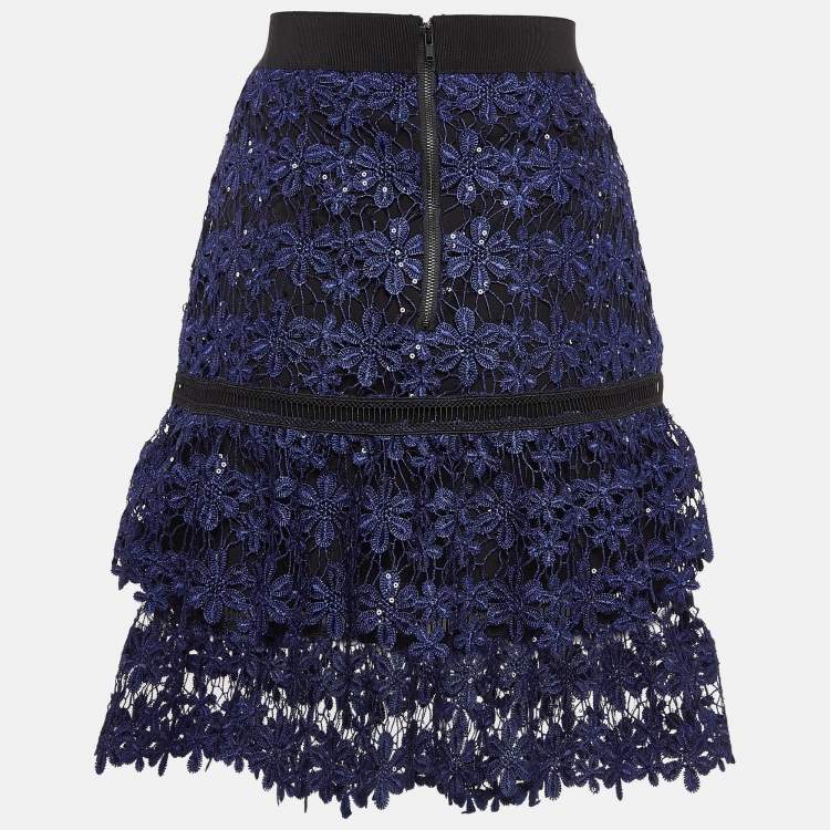 Pre Owned Self-Portrait Blue Floral Lace Sequin Detail Tiered Skirt S