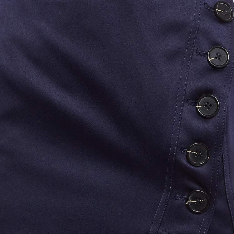 Pre Owned Self-Portrait Navy Blue Lace Trim Satin Buttoned Mini Skirt S