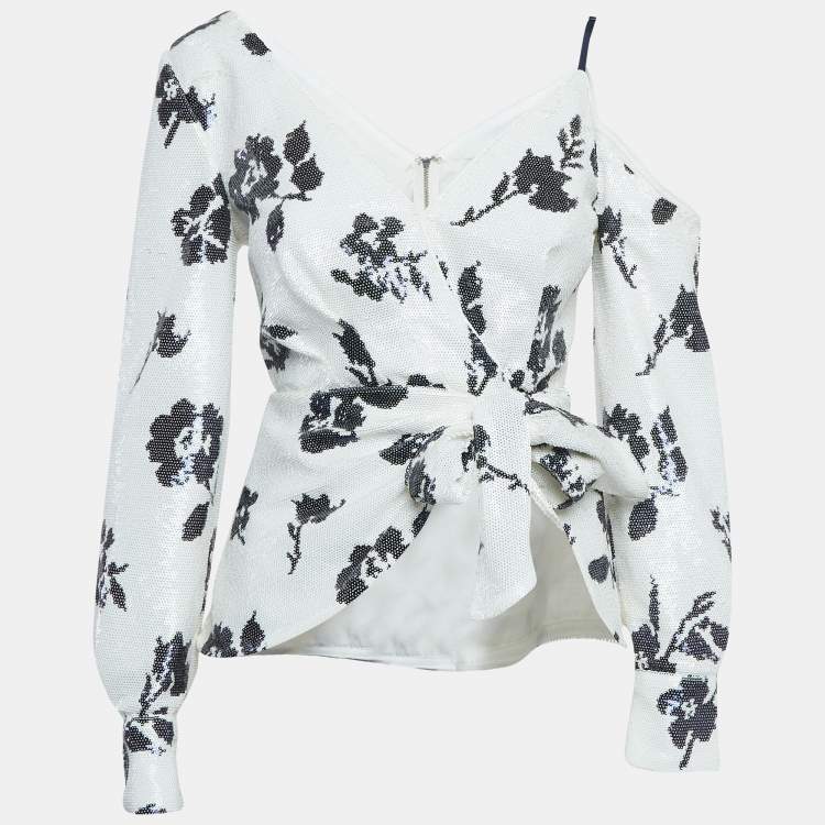 Pre Owned Self-Portrait White Floral Sequin Wrap Top S