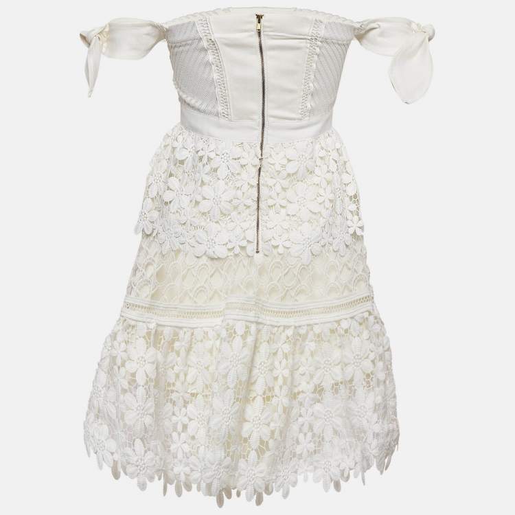 Pre Owned Self Portrait White Lace Tiered Off Shoulder Mini Dress S