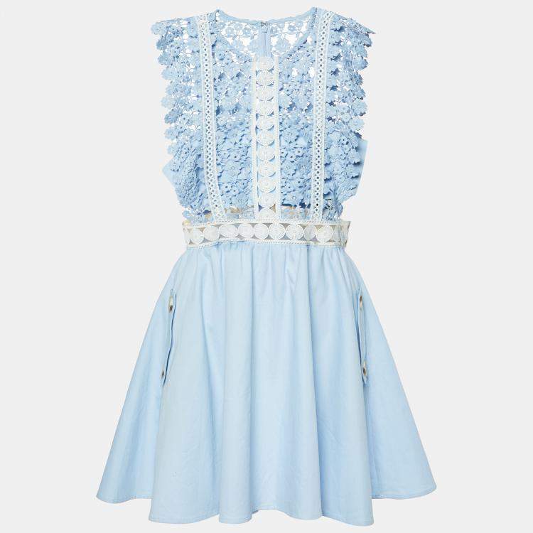 Pre Owned Self-Portrait Blue Guipure Lace Cotton Mini Dress M