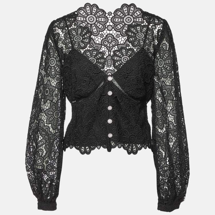 Pre Owned Self Portrait Black Floral Guipure Puff Sleeve Blouse L