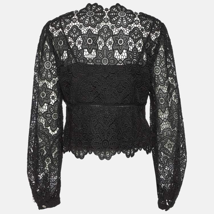 Pre Owned Self Portrait Black Floral Guipure Puff Sleeve Blouse L