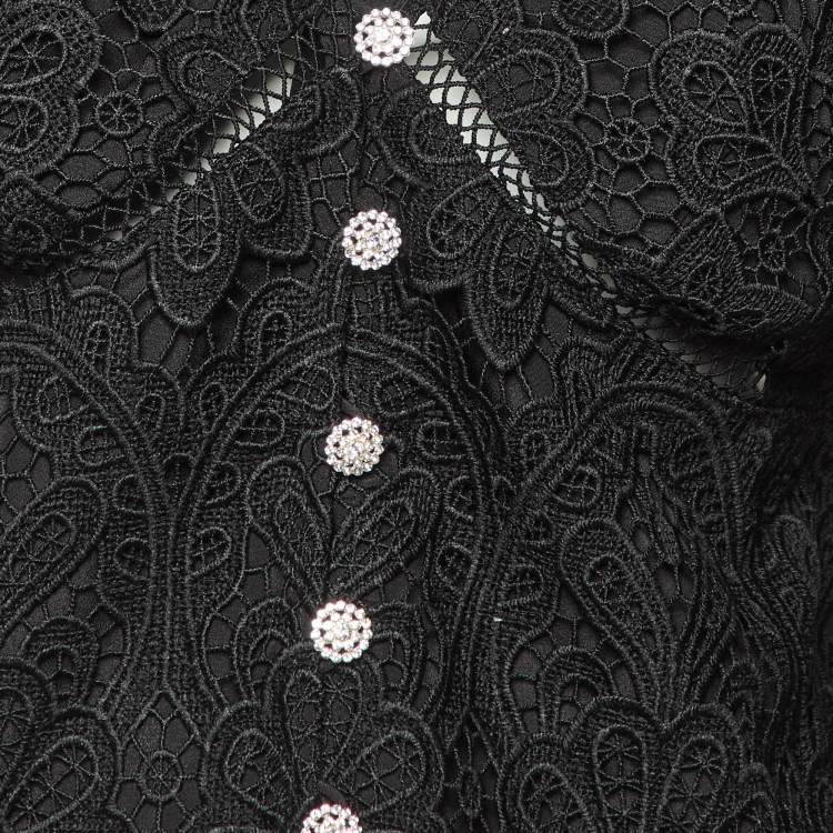Pre Owned Self Portrait Black Floral Guipure Puff Sleeve Blouse L