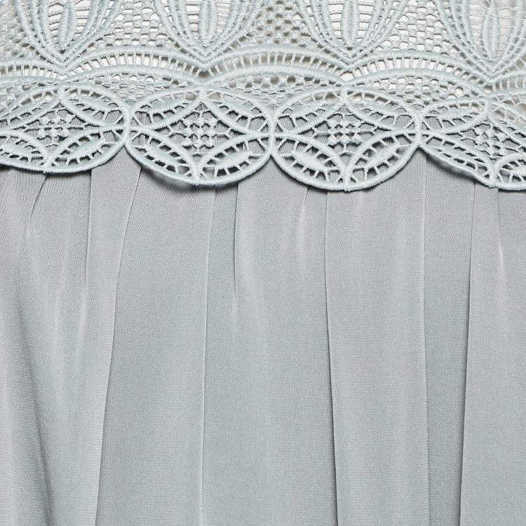 Pre Owned Self Portrait Grey Silk & Lace Trim Off Shoulder Bardot Dress M