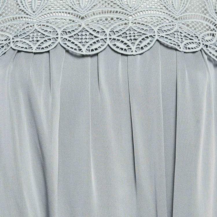 Pre Owned Self Portrait Grey Silk & Lace Trim Off Shoulder Bardot Dress M