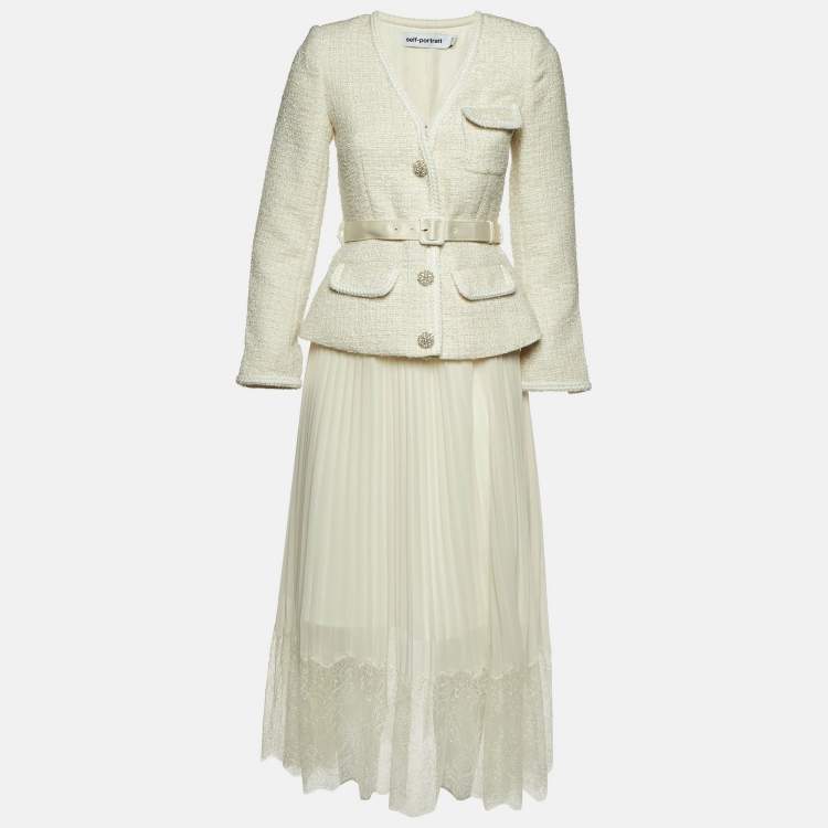 Pre Owned Self-Portrait Cream Boucle & Chiffon Tailored Midi Dress S